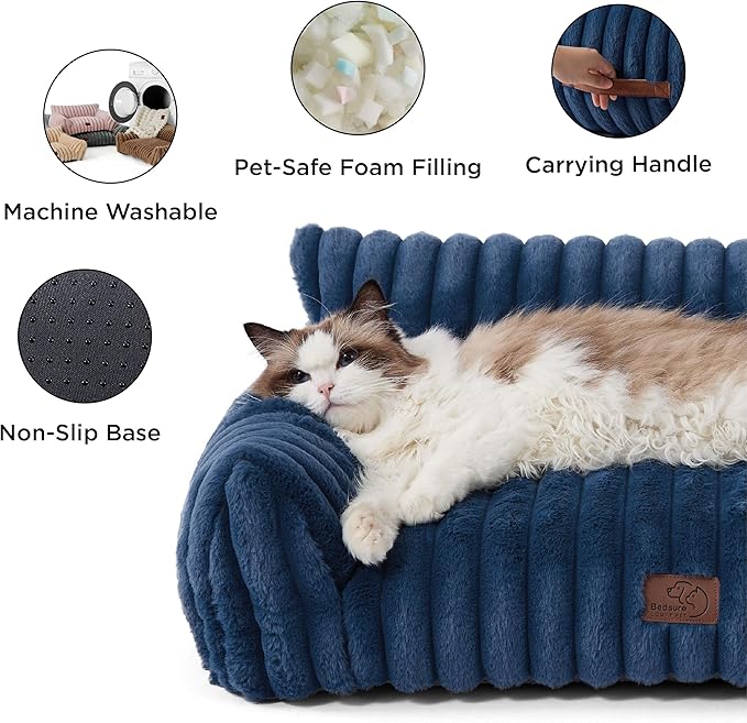 Bedsure ComfyFleece™ Cute Cat Couch for Pets - As Seen on TV on Good Day New York, Fuzzy Cats beds for Indoor Cats with Removable Washable Cover, Supportive Pet Sofa, 24inch, Night Blue