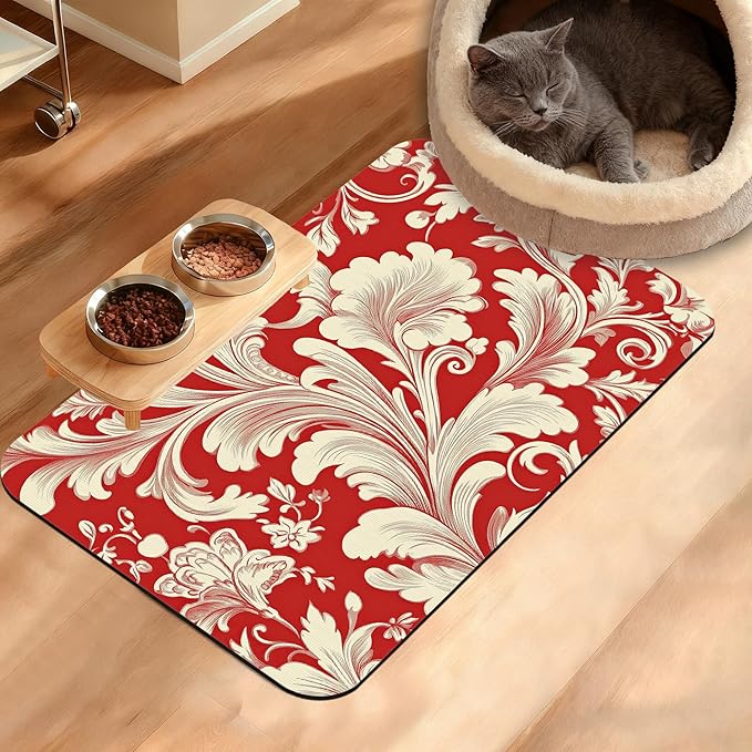 Red White Flower Feeding Mat,Paisley Absorbent Quick-Dry Cat Dog Food and Water Bowl Mats,Non-Slip Rubber Backing Mat,Cat Dog Accessories Supplies 16" x 24"