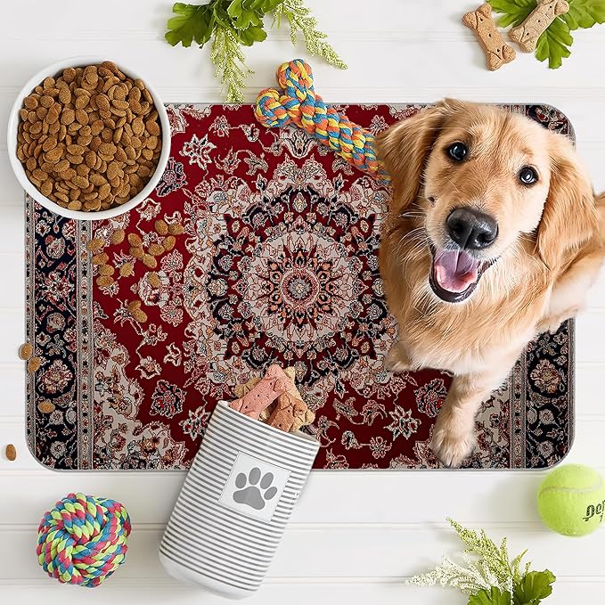 Vintage Carpet Boho Pet Feeding Mat,Absorbent Quick-Dry Cat Dog Food and Water Bowl Mats,Non-Slip Rubber Backing Mat,Cat Dog Accessories Supplies 12"x20"