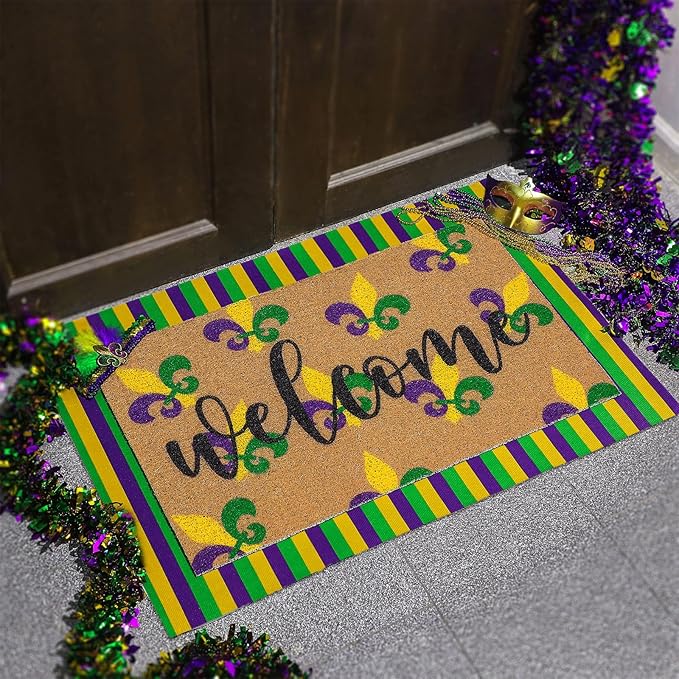 Tinideya 2 Pcs Mardi Gras Door Mat Carnival Welcome Non Slip Coir Mats Purple Yellow Green Stripe Floor Layering Doormats Seasonal for Front Porch Entryway Decor(Mardi Gras)