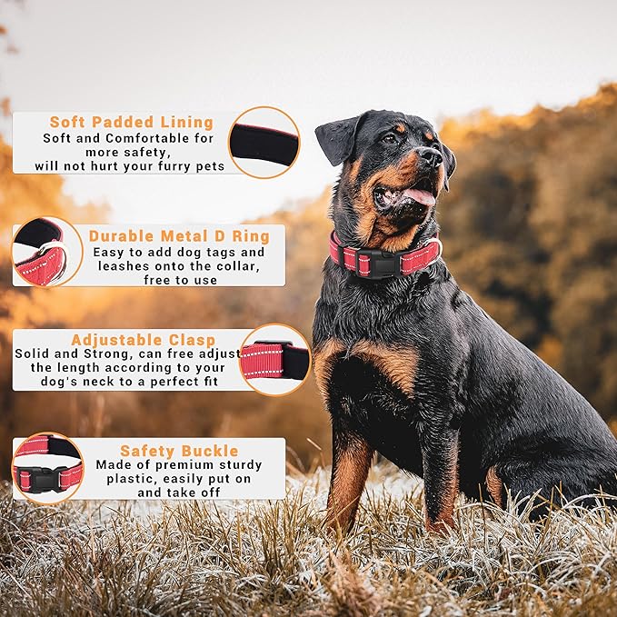 2 Pack Reflective Dog Collar with Safety Locking Buckle, Adjustable Soft Breathable Comfortable Nylon Pet Collar for Small, Medium and Large Dogs, Red, S