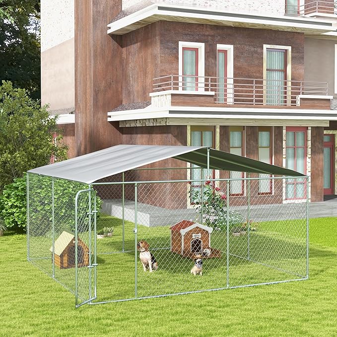 PawHut Outdoor Dog Kennel, Heavy Duty Dog Run Outdoor Fence with Waterproof Cover, Galvanized Chain Link, Secure Lock, for Large Breeds, Chickens, Ducks, 15' x 15' x 7.5'