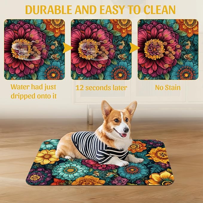 Vintage Floral Pet Feeding Mat, Fast-Dry Absorbent Dog and Cat Bowl Mat, Waterproof Rubber Base – 12x20 Inch