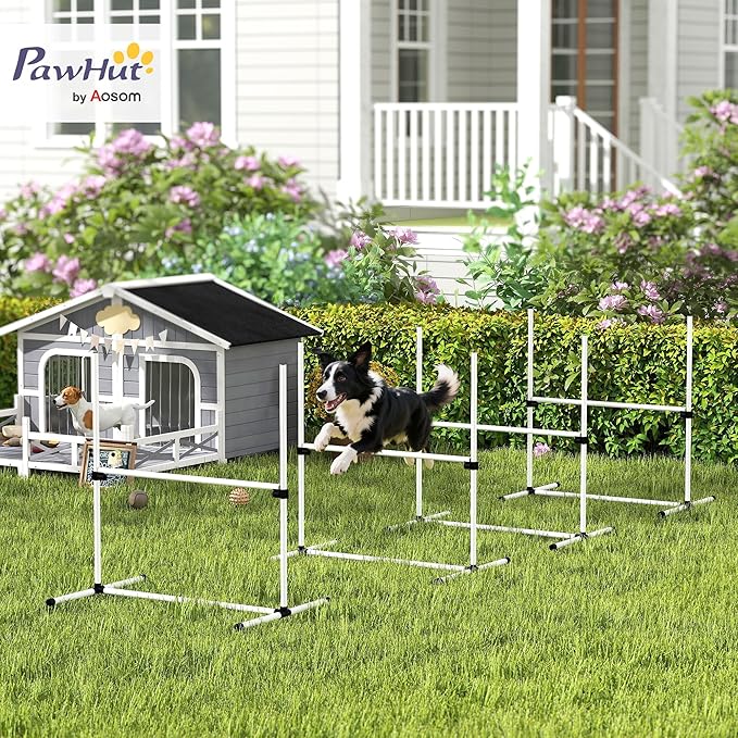 PawHut 4 Piece Dog Agility Training Equipment for Dog Agility Course with Adjustable Height Jump Bars, Included Carry Bag, & Displacing Top Bar, White