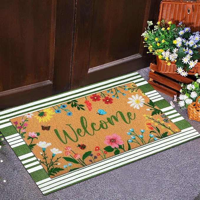 Tinideya 2 Pcs Spring Welcome Door Mat Floral Outdoor Layered Doormats for Front Door Non Slip Wildflower Coir Floor Mat Green White Stripe Rugs for Outside Front Porch Entryway Decor