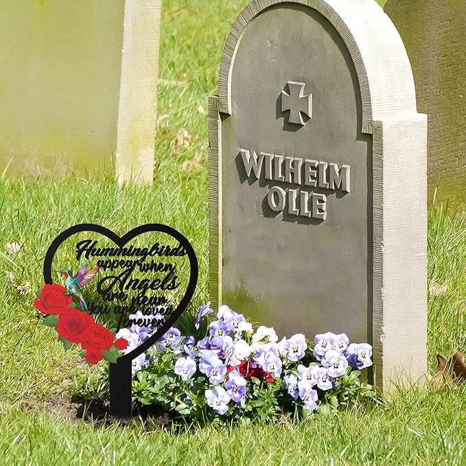 BUoonyer Stake Graves Cemetery Decorations - Mom Metal Memorial Grave Marker, Mother Heart Graveyard Sympathy Plaque, Hummingbird Flower Remembrance Graveside Burial Decor Sign for Outside Yard Garden