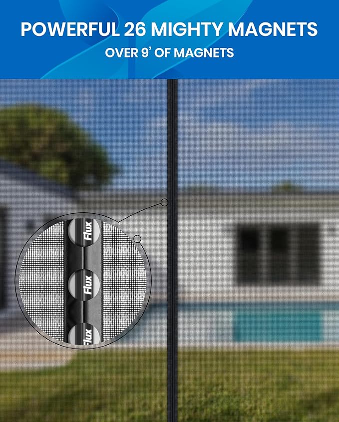Flux Phenom Upgraded Magnetic Screen Door - Bugs Out, Breeze in - 9min Install Auto-Sealing Heavy Duty Double Stitched Mesh, 52 Magnets, Hands Free Patio Doors Net, Pet & Kid Friendly, 38 x 82 Inch
