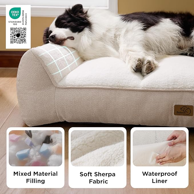 Bedsure SupportMax™ XL Plus Orthopedic Dog Beds Large Sized Dog - Extra Thick Supportive Dogs Couch with Waterproof Washable Cover, Jumbo Comfort Pet Sofa with Soft Sherpa & Nonskid Bottom, Beige, 48"