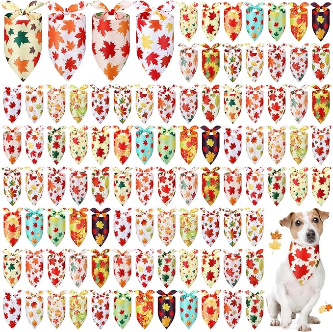 Chunful 100 Pieces Thanksgiving Dog Bandanas Bulk Fall Autumn Pet Bandanas for Small Large Dogs with Maple Leaves Patterns Triangle Scarf Bib Kerchief Set Costume Accessories (31.5 x 21.7 x 21.7)