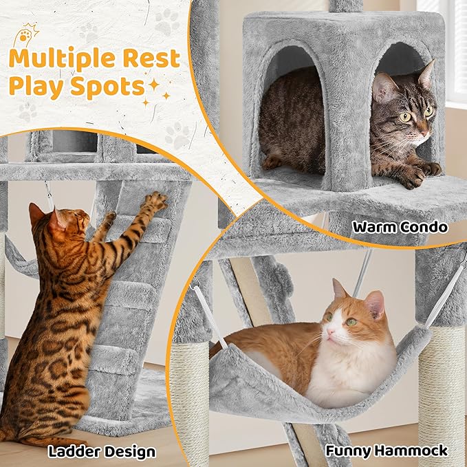 Yaheetech | 54in Cat Tree | Multi-Level Cat Tower w/Spacious Perch, Cozy Condo and Hammock, 3 Scratching Posts, Interactive Toy | Sturdy Pet Furniture | for Indoor Kittens to Large Cats | Light Gray