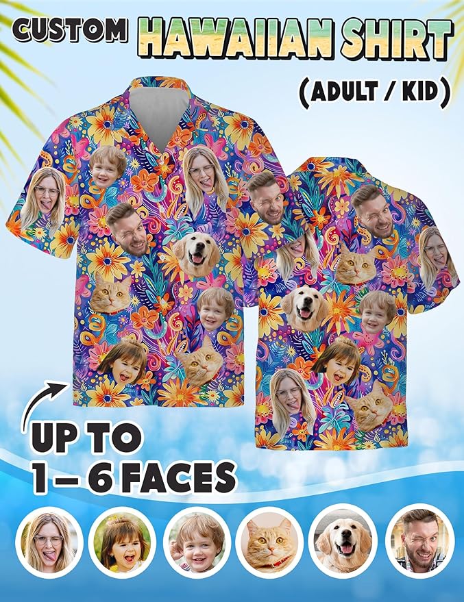 Custom Hawaiian Shirt with Face Photo Picture for Men Women Kids Youth Adult, Tropical Personalized Hawaiian Shirts Gift