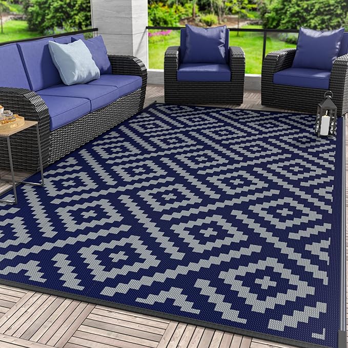 GENIMO Outdoor Rug for Patio Clearance, 10'x14' Waterproof Camping Mat, Reversible Plastic Straw Rugs for RV, Camper, Balcony, Backyard, Picnic, Deck (Blue & Grey)