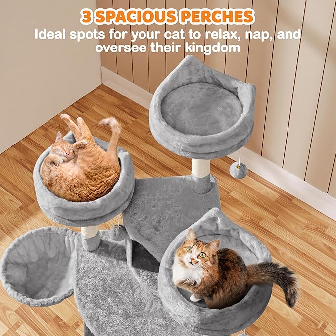 Yaheetech 68.5in Cat Tree for Large Cats, Multi-Level Cat Tower with 3 Wide Perches, Large Condo, Stable Pet Play House w/Sisal-Covered Scratching Posts & Board, Light Gray