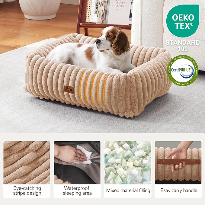 Washable Dog Bed for Small Medium Dogs - Rectangle Orthopedic Corduroy Fleece Pet Bed with Removable Cover and Nonskid Bottom, Calming Puppy Bed Soft Pet Sofa, Camel(25x21x7inchs)