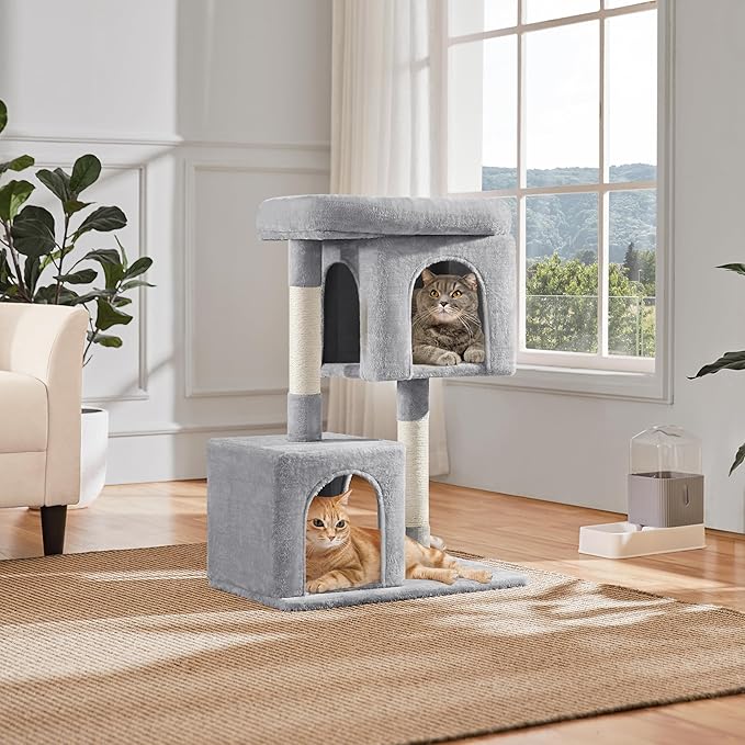 Yaheetech 33.5in Cat Tree Tower for Indoor Cats w/2 Cozy Plush Condos, Oversized Perch & Sisal Scratching Posts, Stable Cat Stand House for Large Cats & Pets, Light Gray