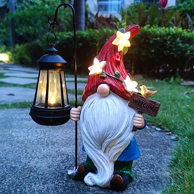Solar Garden Gnomes Statue with Succulent and LED Lights - Solar Lantern Gnomes Decorations for Yard Outdoor gnome Decorations for Garden, Patio Gnome Gifts for Mom