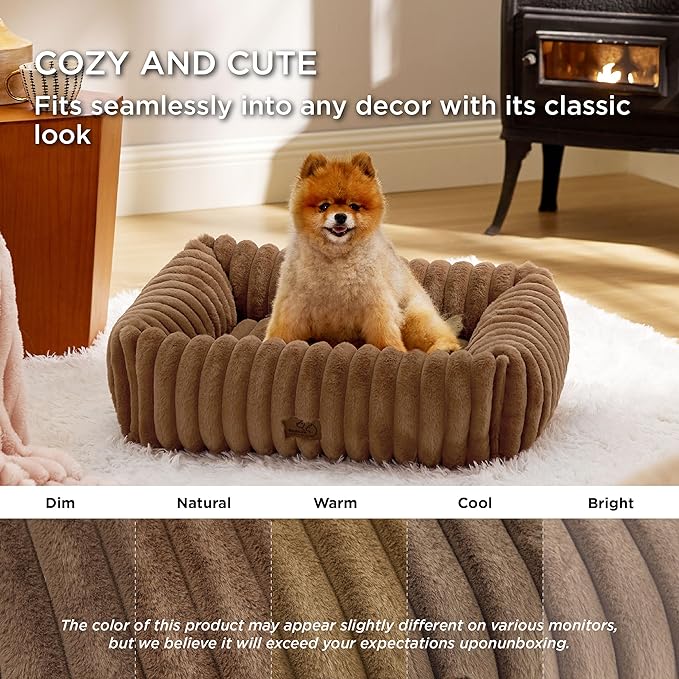 Bedsure ComfyFleece™ Cute Dog Bed for Small Medium Dogs - Washable Furry Puppy Beds, Rectangle Orthopedic Corduroy Fleece Pet Beds with Removable Zipper Cover, 25x21x7inches, Camel Brown