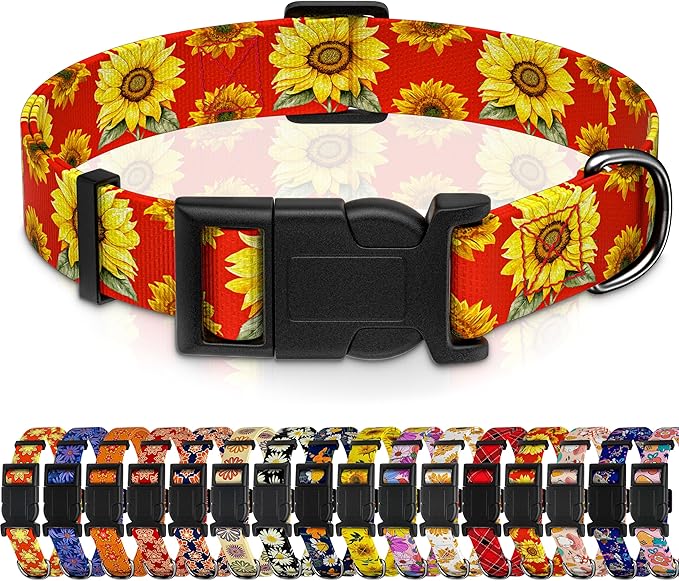 Dog Collar, Floral Boys Girls Puppy Collar for Small Medium Large Dogs, Adjustable Soft Pet Collar with Safety Buckle for Male Females (Red Sunflower, L)