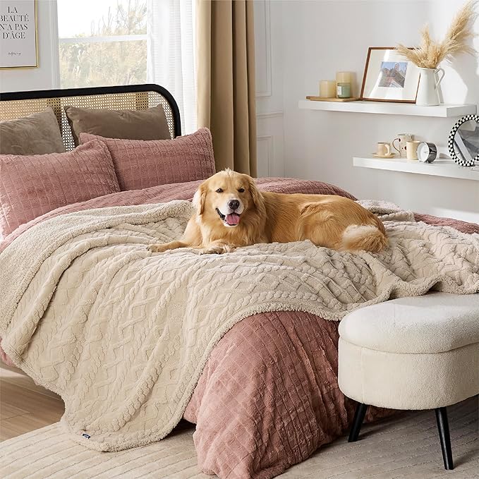 Bedsure Waterproof Dog Blankets for Bed - Pet Blanket for Bed Couch Protector Washable, Jacquard Coral Fleece Cat Throw Blanket, Soft Plush Reversible Furniture Protection, Queen, 86x90, Cream