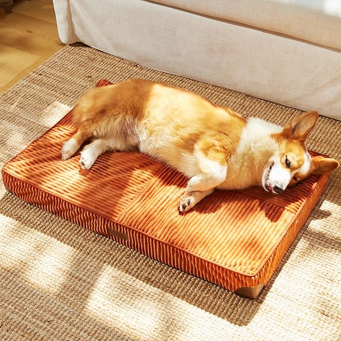 FUKUMARU Dog Bed, Thickened Corduroy Orthopedic Dog Beds with Washable Cover, Large Waterproof Dogs Bed for Crate, 28D Egg Crate Foam Support Pet Mat, Cozy Pet Bed Pad with Anti-Slip Bottom, Orange