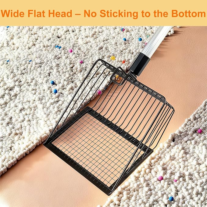 Cat Litter Scoop with Extendable Long Handle, 22.2"-42.5" No Bending Back Metal Kitty Litter Scoop, Large Non-Stick Wide Flat Head Heavy Duty Cat Pooper Scooper