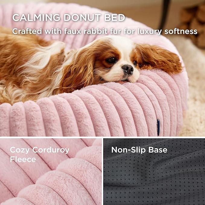 Bedsure ComfyFleece™ Cat beds for Indoor Cats - Donut Dog Beds for Small Dogs with Corduroy Fleece & Anti Slip Bottom, Faux Fur Pet Beds with Washable Removable Cover, Blush Pink, 20x20x6 inches
