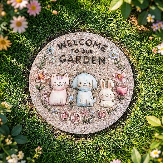 Garden Stepping Stones Outdoor, 9.8" Resin Pet Cat Dog Bunny Stepping Stone for Walkway Gardening Gifts, Spring Decorative Round Welcome to Our Garden Home Decor for Outside Yard Patio Lawn