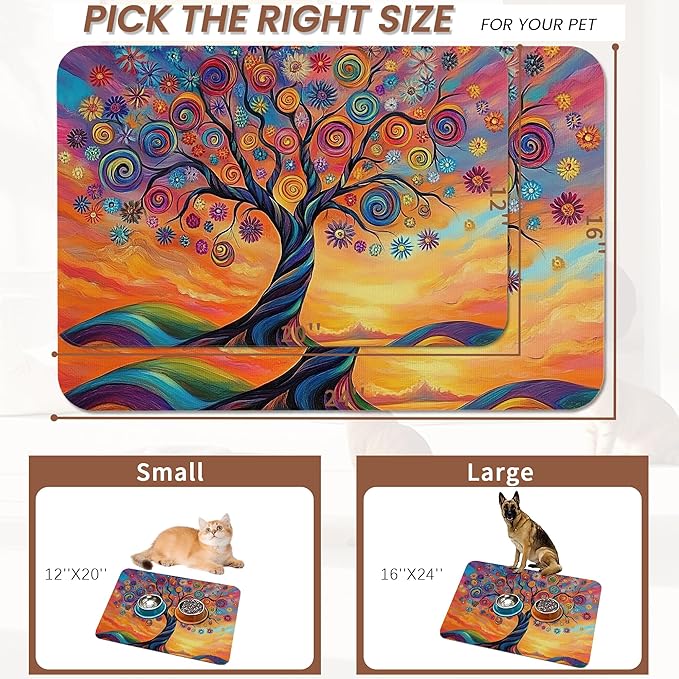 Abstract Tree Flowers Dog Food Mat for Floors,Color Absorbent Pet Food and Water Bowl Mats,Non-Slip Pet Feeding Mat,Pet Supplies 12" x 20"