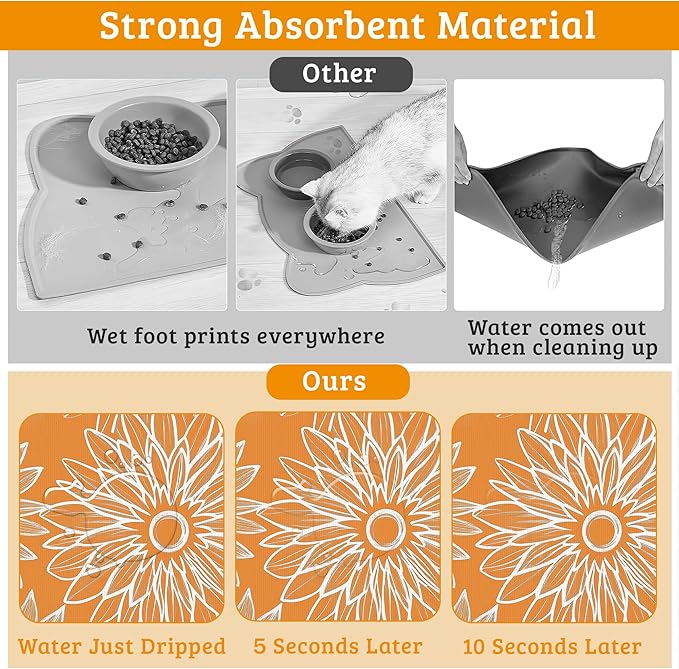 Retro Geometric Aesthetic Dog Food Mat,Orange Absorbent Pet Feeding Mat for Food and Water Bowl,Quick Dry Dog Placemat Non Slip Rubber Backing Waterproof Pet Supplies 12" x 20"