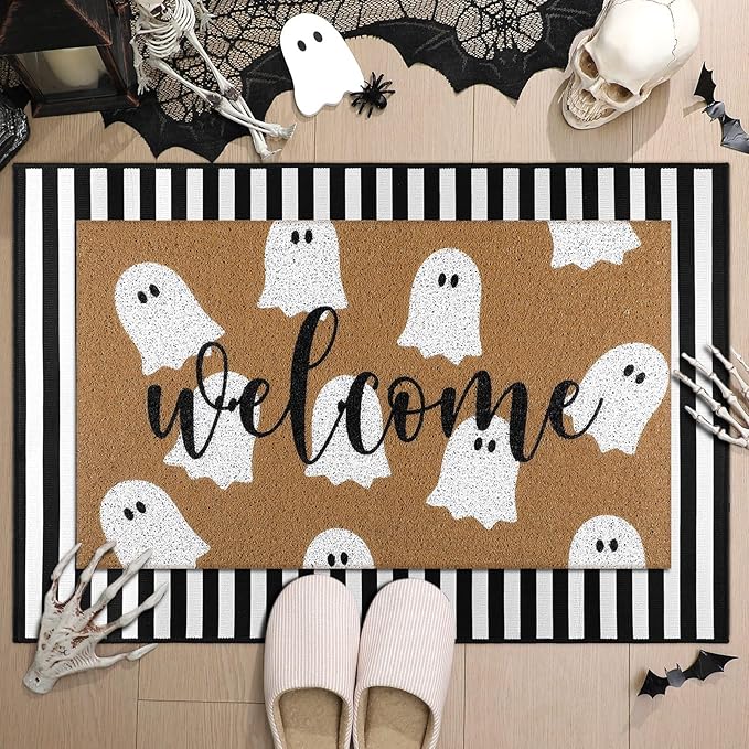 Tinideya 2 Pcs Door Mat Welcome Non Slip Coir Mats Floor Layering Doormats Seasonal for Front Porch Entryway Decor(Spooky)