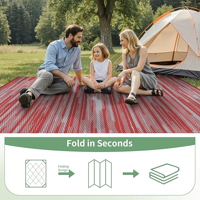 GENIMO Outdoor Rug for Patio Clearance, 6'x9' Waterproof Camping Mat, Reversible Plastic Straw Rugs for RV, Camper, Balcony, Backyard, Picnic, Deck (Red Grey)