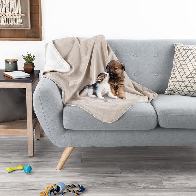 Waterproof Pet Blanket - 30x40-Inch Reversible Sherpa Fleece Throw Protects Couches, Cars, and Beds from Spills, Stains, and Fur by PETMAKER (Tan)