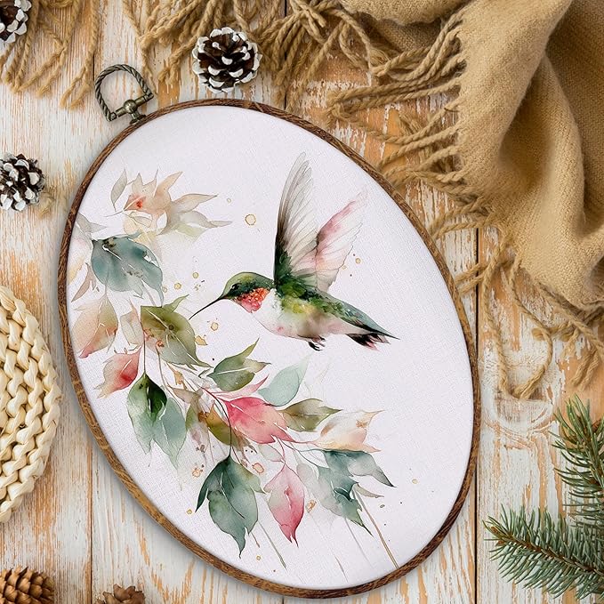 DILSJ Hummingbird Botanical Oval Wall Art Decor, Farmhouse Green Hummingbird Canvas Wall Art Framed, Watercolor Bird Hanging Decorations for Home Living Room Bedroom, 11x8.5 Inch
