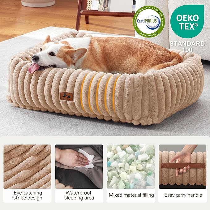 Washable Dog Bed for Small Medium Dogs - Rectangle Orthopedic Corduroy Fleece Pet Bed with Removable Cover and Nonskid Bottom, Calming Puppy Bed Soft Pet Sofa, Camel(30x24x8inchs)