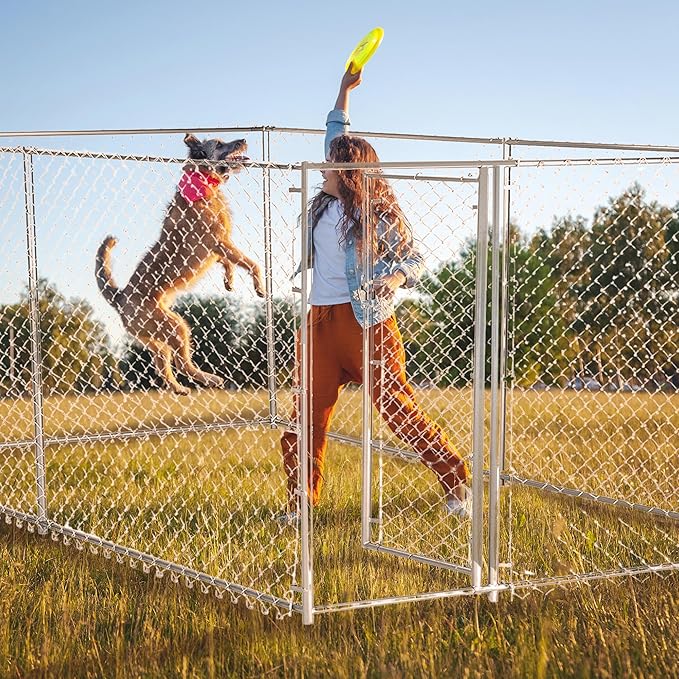 Lucky Dog Heavy Duty Outdoor Galvanized Chain Link Dog Kennel Enclosure with Latching Door, 1.5 Inch Raised Legs, and Adjustable Configuration, Silver