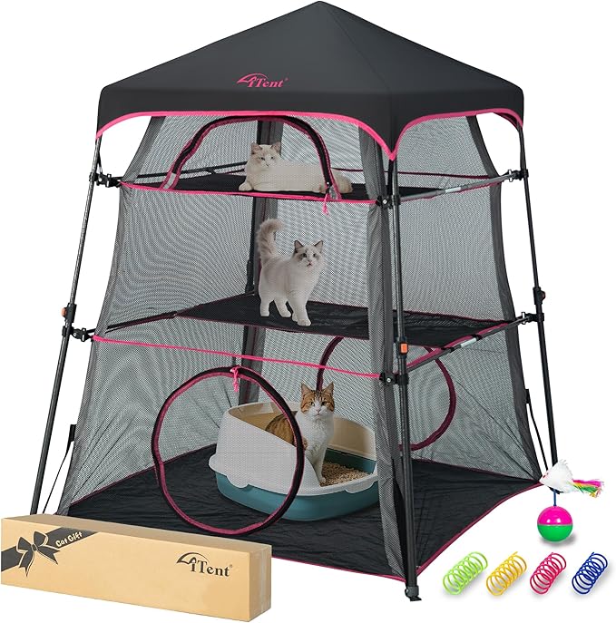 Pop Up Catio Cat Enclosure for Indoor and Outdoor with Waterproof Bottom,3 Tier Spacious Cat Tower Tent,Portable Outdoor Cat Tent for Patio,Balcony, Deck & Camping Weatherproof & Sunproof(Patented)