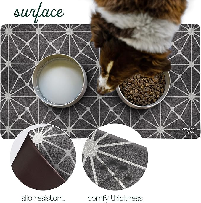 CROXTON & CO. Non-Slip Faux Leather Pet Feeding Mat for Dog Bowls | Large Bowl Mat for Food and Water | Durable, Easy-to-Clean Pet Food Mat for Floors | Size: 16.5"x28"