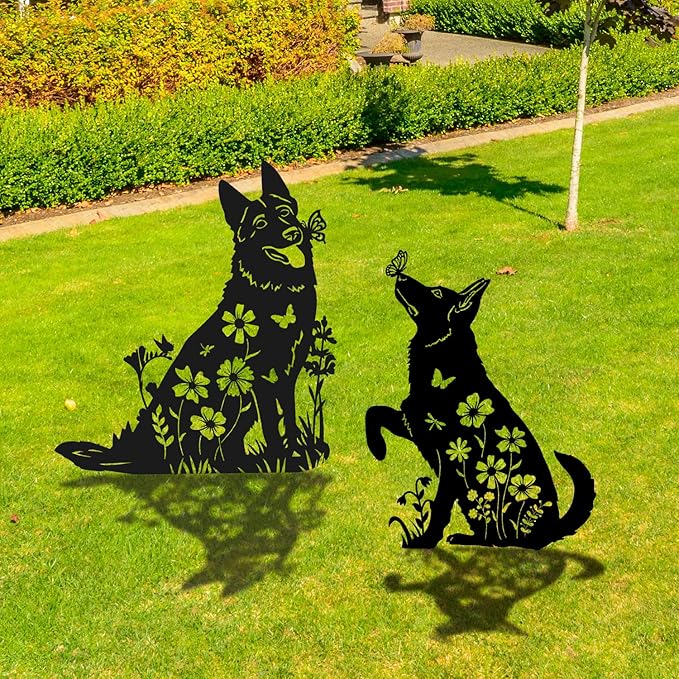 German Shepherd Metal Garden Stakes Yard Decor, 2PCS Black Dog Silhouette Statues Garden Decorative Gifts for Yard Art, Patio, Outside, Lawn Ornaments, Christmas, Backyard
