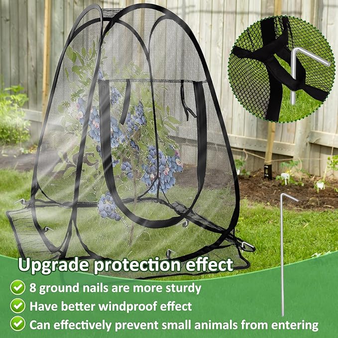 2pcs Pop Up Mesh Plant Protectors from Animals,Large Plant Netting Guard Cover with 8 Stake Crop Cage Fine Mesh Plant Tents for Protect Flower Tomato Vegetable from Deer Cat Bird Squirrel, 28x28x34 In