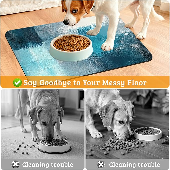 Pet Feeding Mat,Art Painting Absorbent Dog Cat Food Mat Grey Blue Dog Mat with Rubber Backing,Non-Slip Water Bowl Placemat,Pet Supplies 16" x 24"