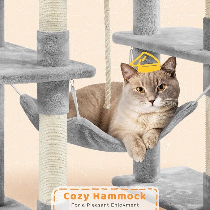 Yaheetech Cat Tree, 82.5in Large Tower w/Hammock, 2 Kitty-Ear Perches, 2 Cozy Condos, Scratching Posts, Basket, Furniture for Large Cats, Kittens, Light Gray