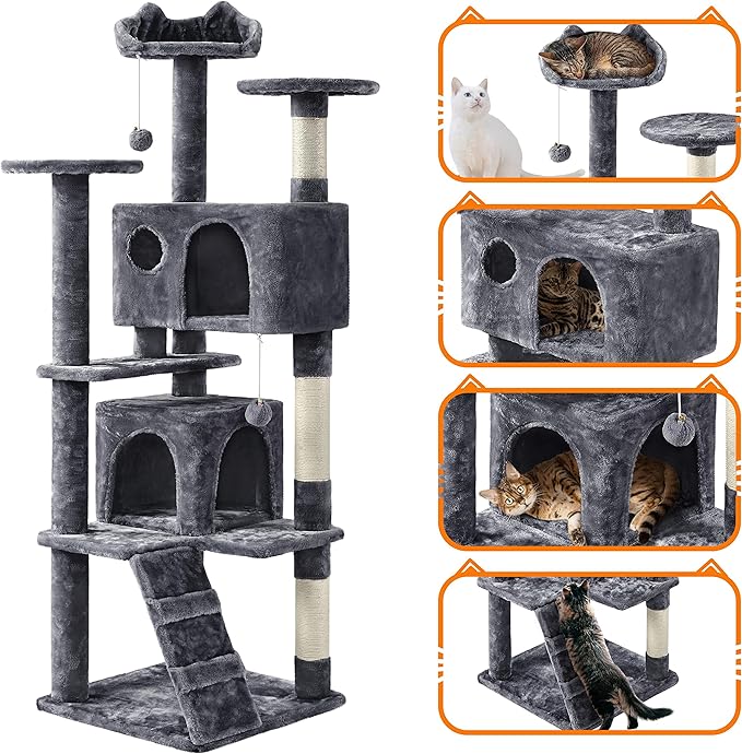 Yaheetech 62in Cat Tree Cat Tower for Indoor Kitty, Pet Furniture w/Double Condo, Scratching Posts, Multiple Platforms and Balls for Kittens, Dark Gray