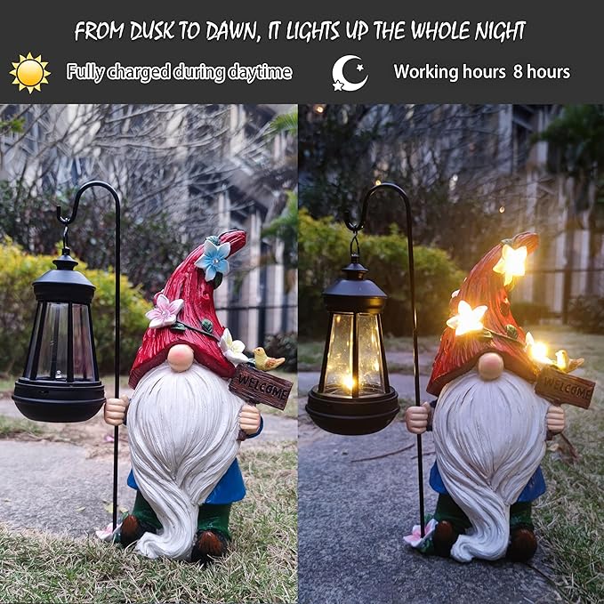 Solar Garden Gnomes Statue with Succulent and LED Lights - Solar Lantern Gnomes Decorations for Yard Outdoor gnome Decorations for Garden, Patio Gnome Gifts for Mom