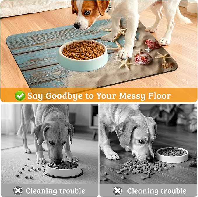 Sand Starfish Dog Cat Food Mat,Wood Board Absorbent Waterproof Placemat for Food and Water Non Slip Rubber Backing Durable Feeding Pad for Clean Floors 12" x 20"