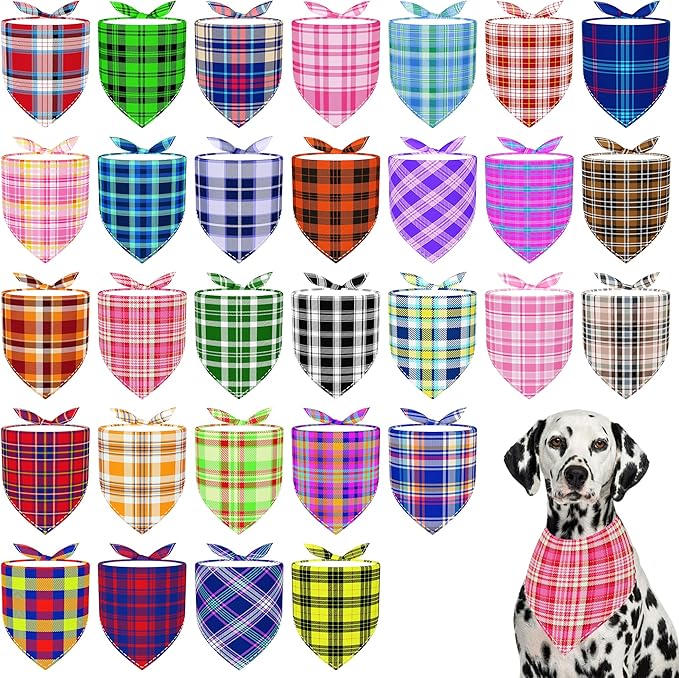 30 Pack Large Plaid Dog Bandanas Stitch Dog Bandana Bulk Reversible Print One Side XXL Polyester Scarves Party Grooming L