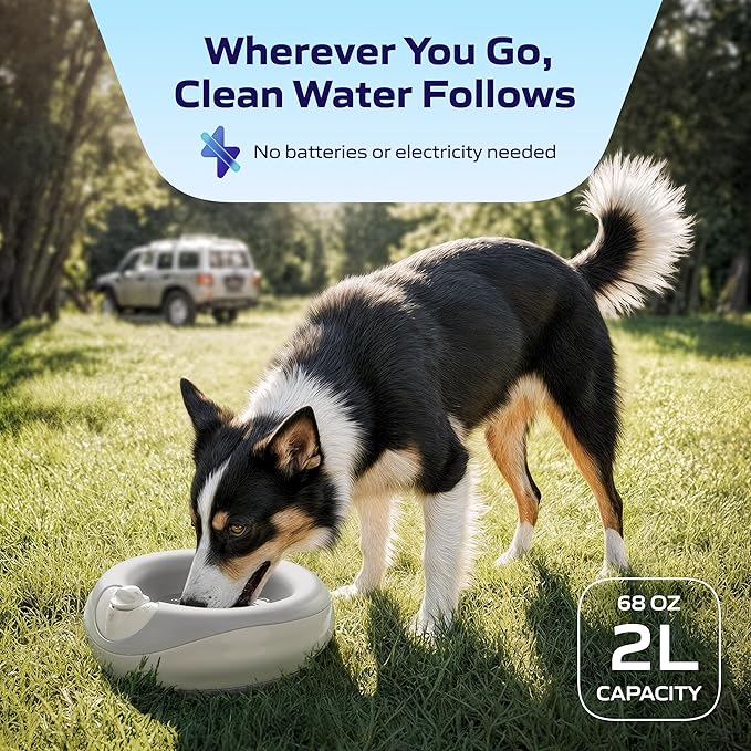 Filtered Portable Dog Water Dispenser [Upgraded 2025], 2L / 68oz, Automatic Pet Water Dispenser Noise-Free No Spill Water Bowl for Dogs, No Power Needed, Ideal for Medium & Large Pets