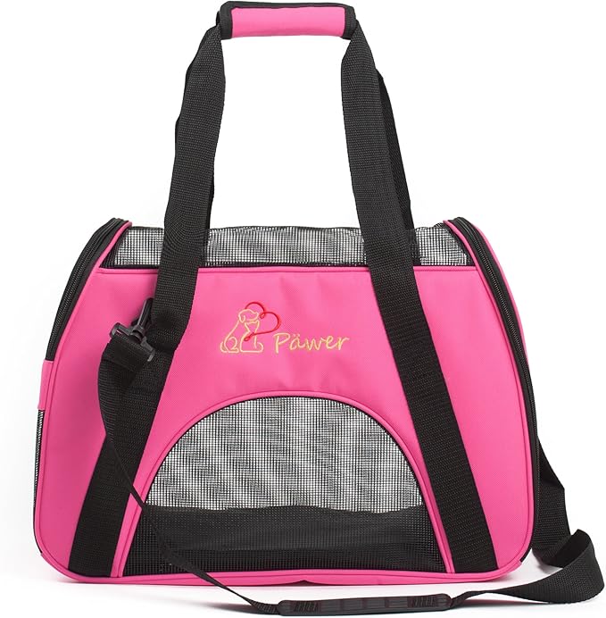 Pawer Soft-Sided Pet Carrier for Cat and Small Dog,Hot Pink Color,Medium Size,Washable Cloth Airline Approved Travel Tote,with 2 Mesh Opens and a Strap for Carry,Multiple Colors Available