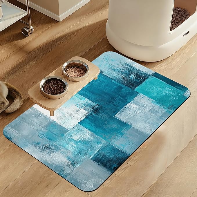 Blue Teal Dog Cat Food Mat–Christmas Stocking Absorbent Waterproof Placemat for Food and Water Bowls, Non Slip Rubber Backing, Feeding Mat for Clean Floors 16"x24"