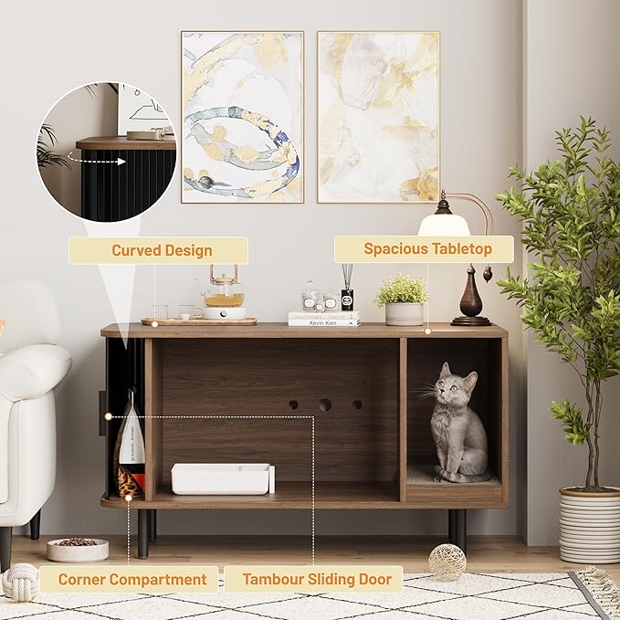 Cat Litter Box Enclosure with Cat Scratch Pad, Sliding Door, 37.4" Litter Box Enclosure Furniture Hidden Litter Box, Modern Indoor Cat House, TV Stand, Side End Table for Living Room, Black