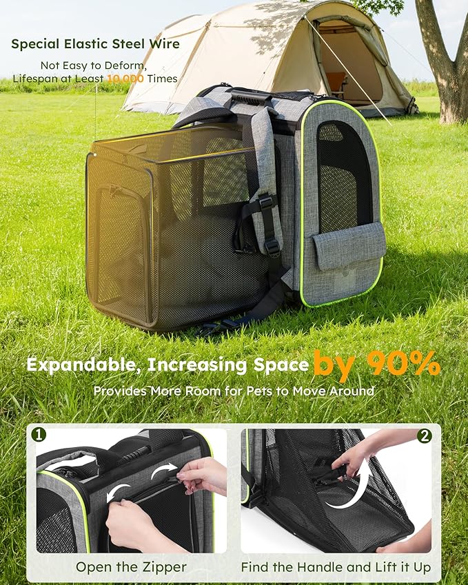 Pecute Cat Backpack Carrier XL, Expandable Pet Backpack for Cats & Small Dogs Up to 15lbs, with 4-Side Breathable Mesh, Multi-Entry & Lockable Zippers for Travel, Hiking, Camping - Hands Free, Gray